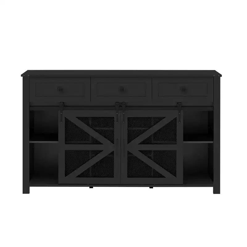 55''W Sliding Barn Door Sideboard Buffet Cabinet, 3 Drawers, Adjustable Shelves, Industrial Storage - ModernLuxe