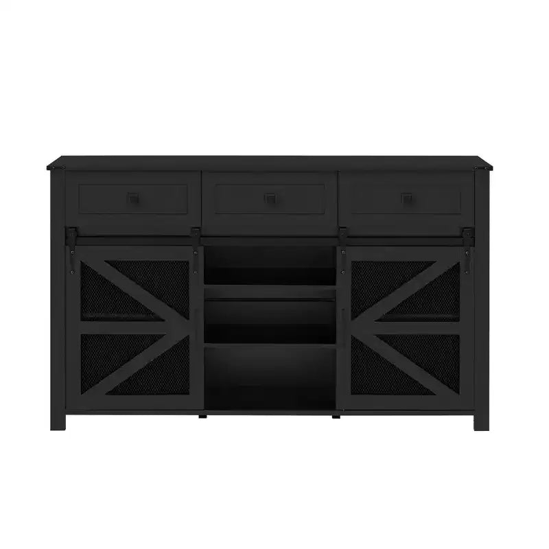 55''W Sliding Barn Door Sideboard Buffet Cabinet, 3 Drawers, Adjustable Shelves, Industrial Storage - ModernLuxe