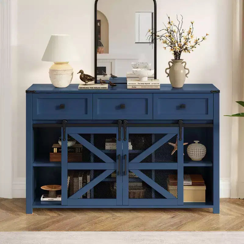 55''W Sliding Barn Door Sideboard Buffet Cabinet, 3 Drawers, Adjustable Shelves, Industrial Storage - ModernLuxe