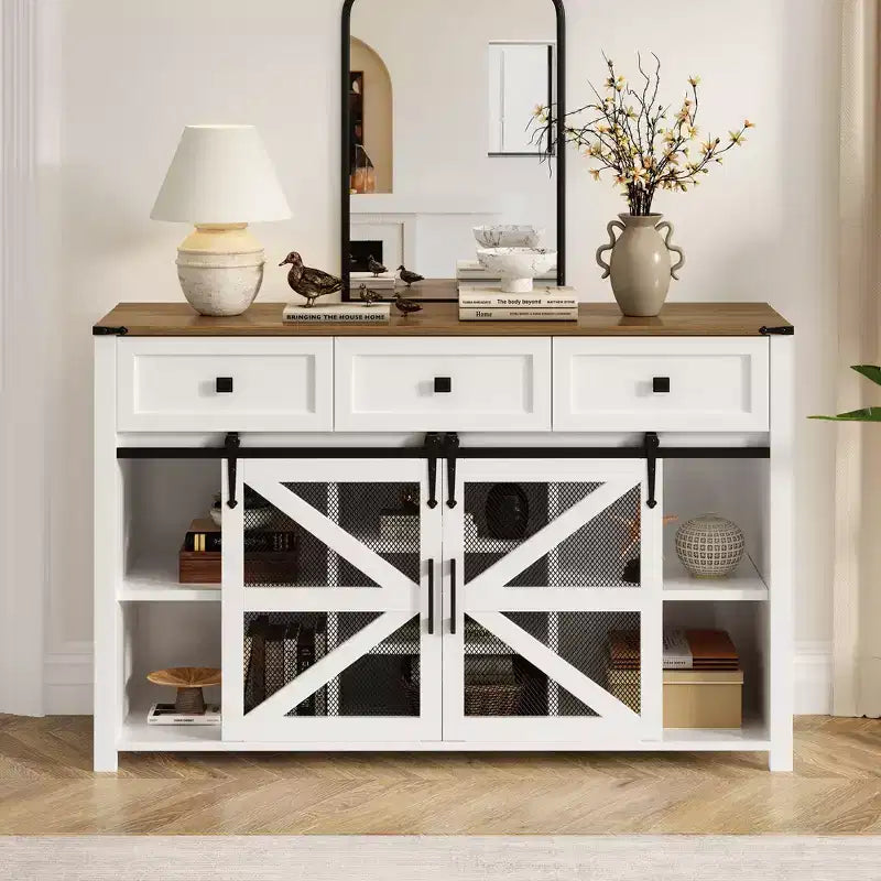 55''W Sliding Barn Door Sideboard Buffet Cabinet, 3 Drawers, Adjustable Shelves, Industrial Storage - ModernLuxe