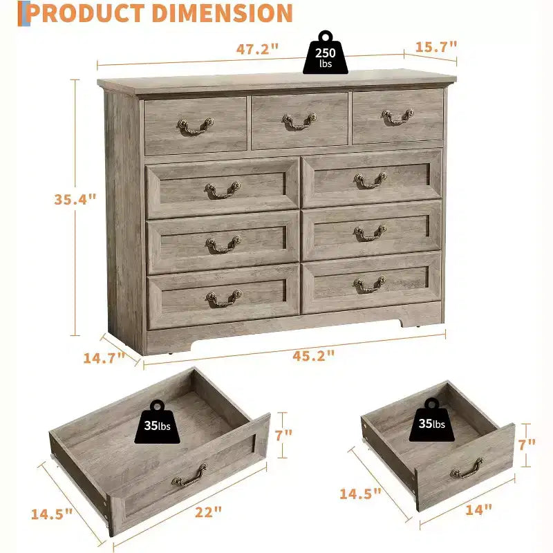 Farmhouse 9-Drawer Dresser for Bedroom, Vintage Rustic Wood Chest with Natural Texture, Versatile Organizer for Bedroom, Living Room Office