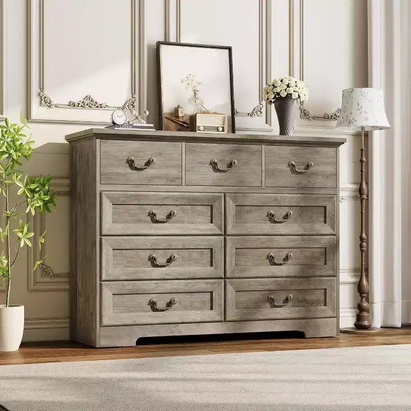 Farmhouse 9-Drawer Dresser for Bedroom, Vintage Rustic Wood Chest with Natural Texture, Versatile Organizer for Bedroom, Living Room Office