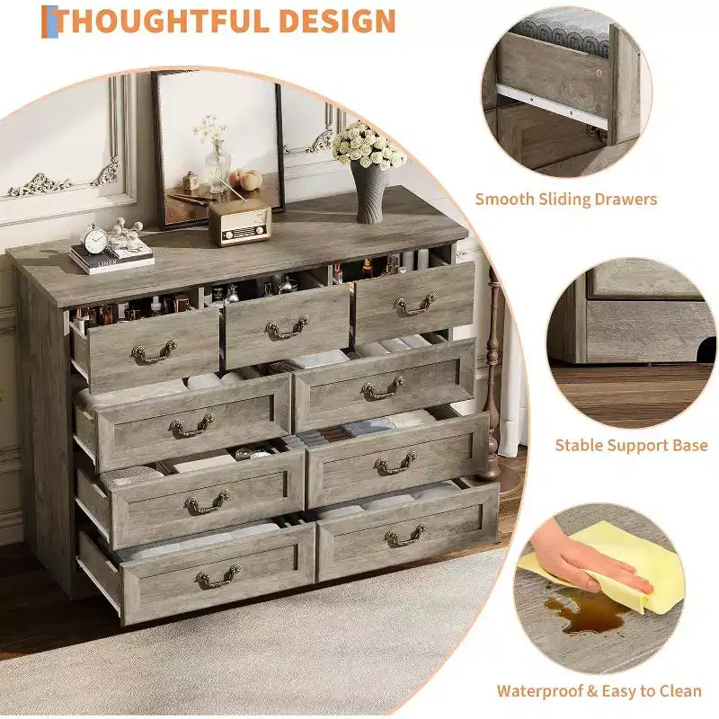 Farmhouse 9-Drawer Dresser for Bedroom, Vintage Rustic Wood Chest with Natural Texture, Versatile Organizer for Bedroom, Living Room Office