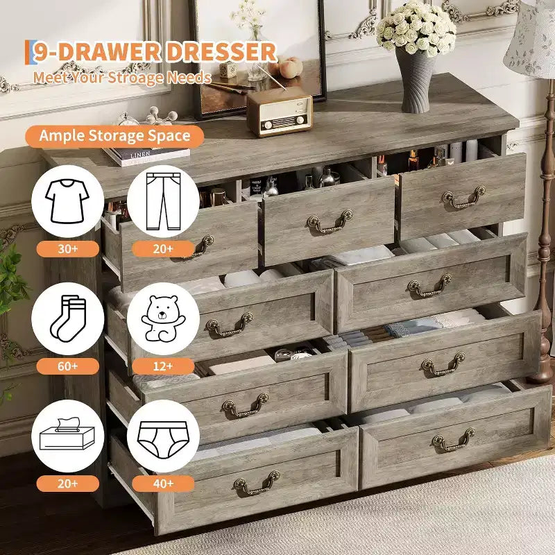 Farmhouse 9-Drawer Dresser for Bedroom, Vintage Rustic Wood Chest with Natural Texture, Versatile Organizer for Bedroom, Living Room Office