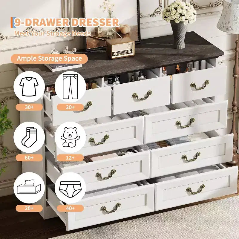 Farmhouse 9-Drawer Dresser for Bedroom, Vintage Rustic Wood Chest with Natural Texture, Versatile Organizer for Bedroom, Living Room Office