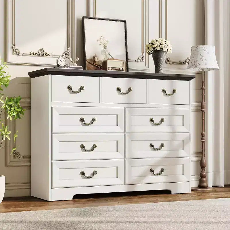 Farmhouse 9-Drawer Dresser for Bedroom, Vintage Rustic Wood Chest with Natural Texture, Versatile Organizer for Bedroom, Living Room Office