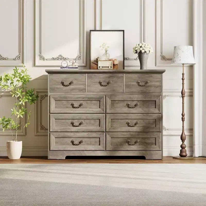 Farmhouse 9-Drawer Dresser for Bedroom, Vintage Rustic Wood Chest with Natural Texture, Versatile Organizer for Bedroom, Living Room Office