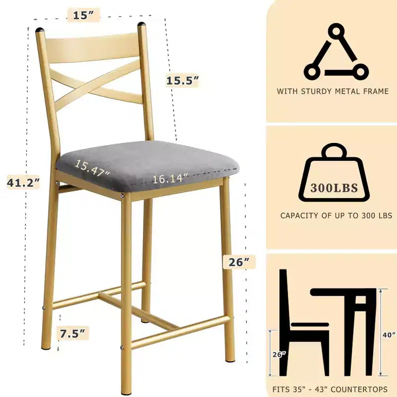 GustoWave Set of 2 Counter Height Bar Stools 26 Metal Dining Chairs with X Back, Thick PU Leather Cushion,Waterproof Seat for Dining Room