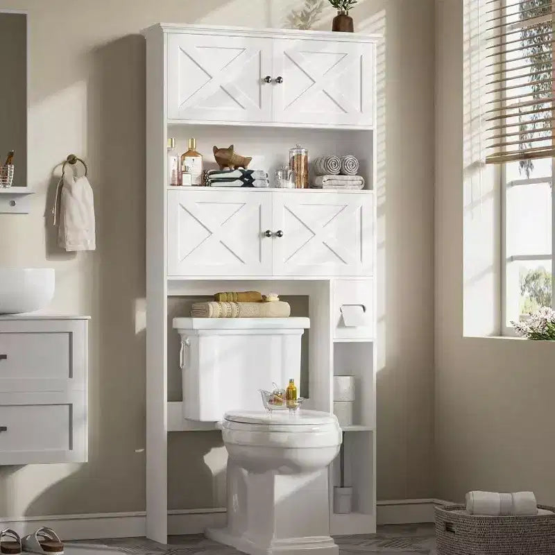 Over Toilet Storage Cabinet Farmhouse White Bathroom Space Saver with 4 Barn Doors and Toilet Paper Holder Stand