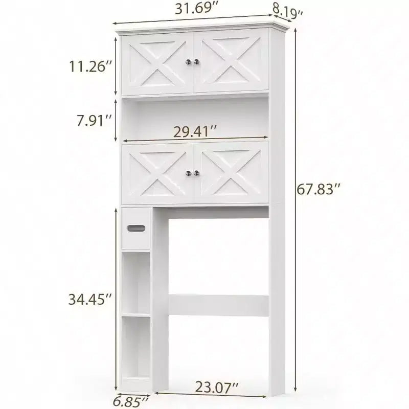 Over Toilet Storage Cabinet Farmhouse White Bathroom Space Saver with 4 Barn Doors and Toilet Paper Holder Stand