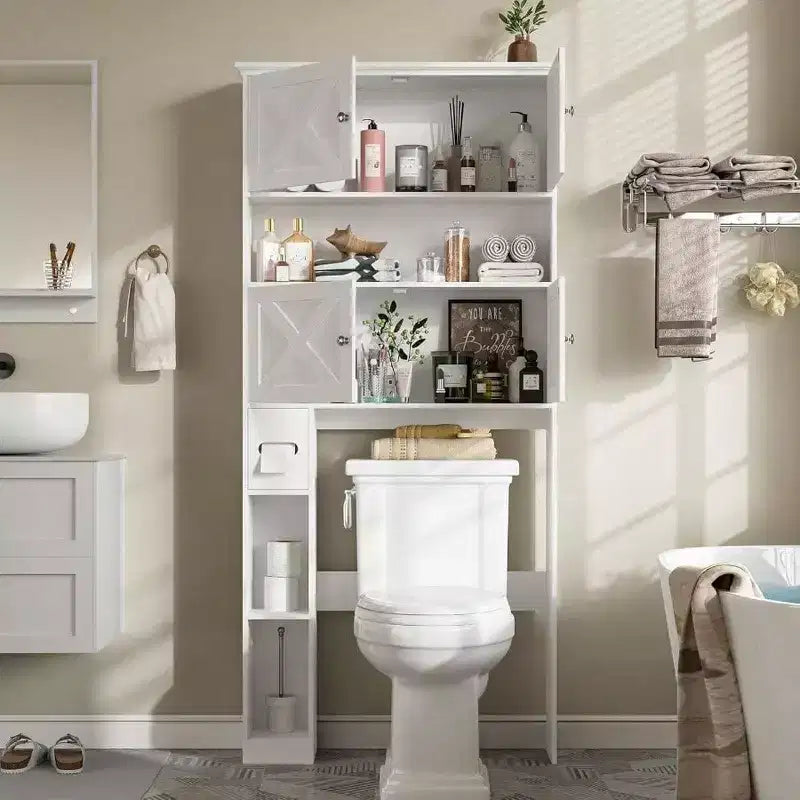 Over Toilet Storage Cabinet Farmhouse White Bathroom Space Saver with 4 Barn Doors and Toilet Paper Holder Stand