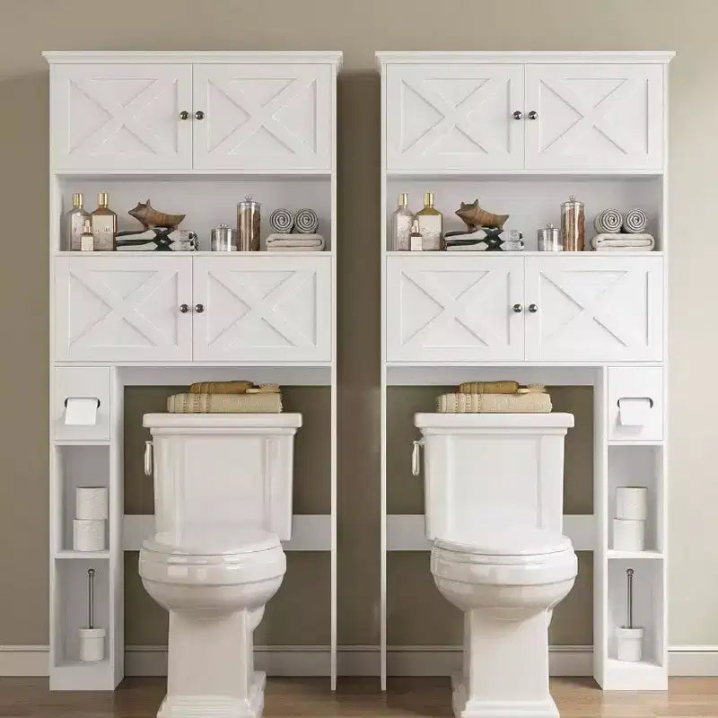 Over Toilet Storage Cabinet Farmhouse White Bathroom Space Saver with 4 Barn Doors and Toilet Paper Holder Stand