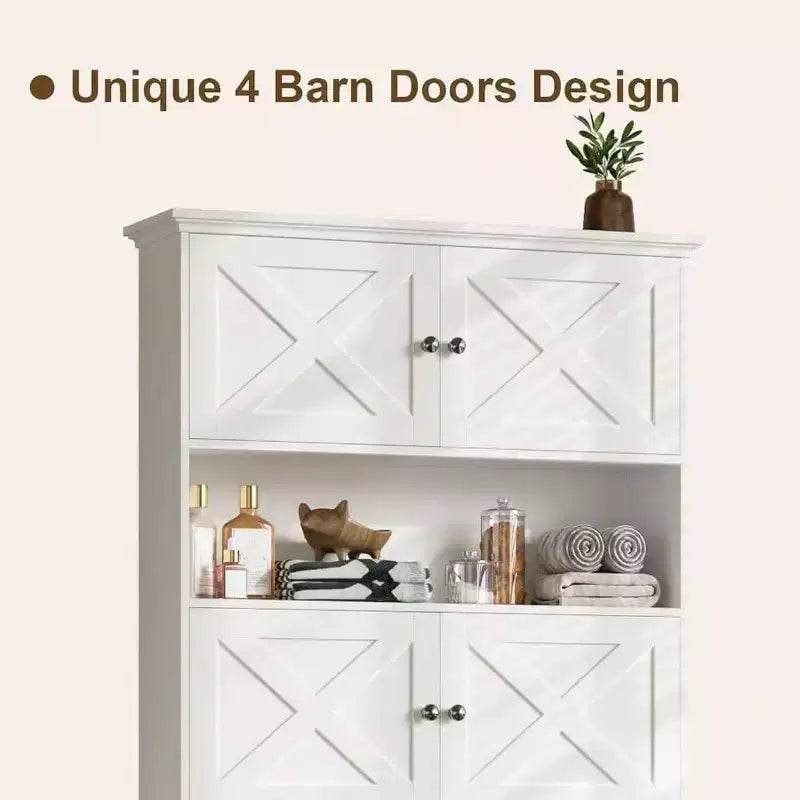 Over Toilet Storage Cabinet Farmhouse White Bathroom Space Saver with 4 Barn Doors and Toilet Paper Holder Stand