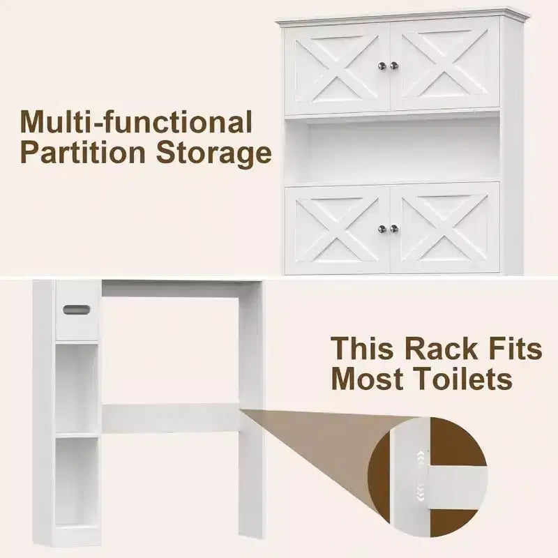 Over Toilet Storage Cabinet Farmhouse White Bathroom Space Saver with 4 Barn Doors and Toilet Paper Holder Stand