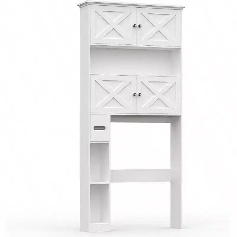 Over Toilet Storage Cabinet Farmhouse White Bathroom Space Saver with 4 Barn Doors and Toilet Paper Holder Stand