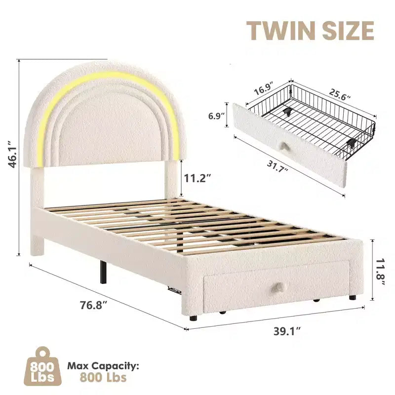Twin Upholstered Platform Bed with Storage Drawer & LED Light Rainbow Headboard Solid Wood Slats, No Box Spring Required Blue