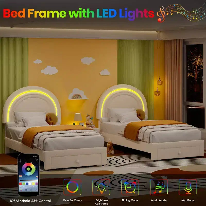 Twin Upholstered Platform Bed with Storage Drawer & LED Light Rainbow Headboard Solid Wood Slats, No Box Spring Required Blue