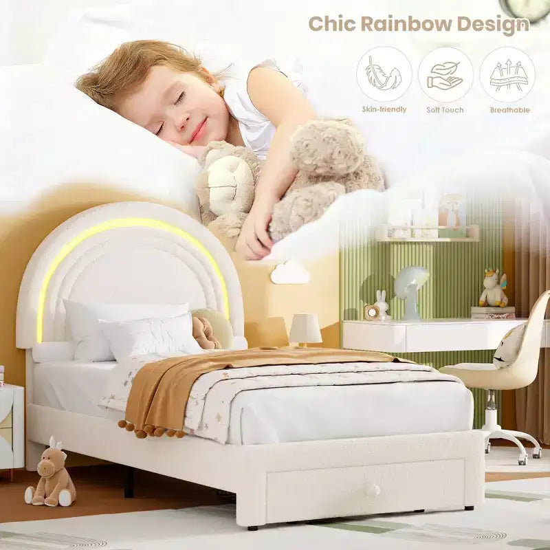 Twin Upholstered Platform Bed with Storage Drawer & LED Light Rainbow Headboard Solid Wood Slats, No Box Spring Required Blue