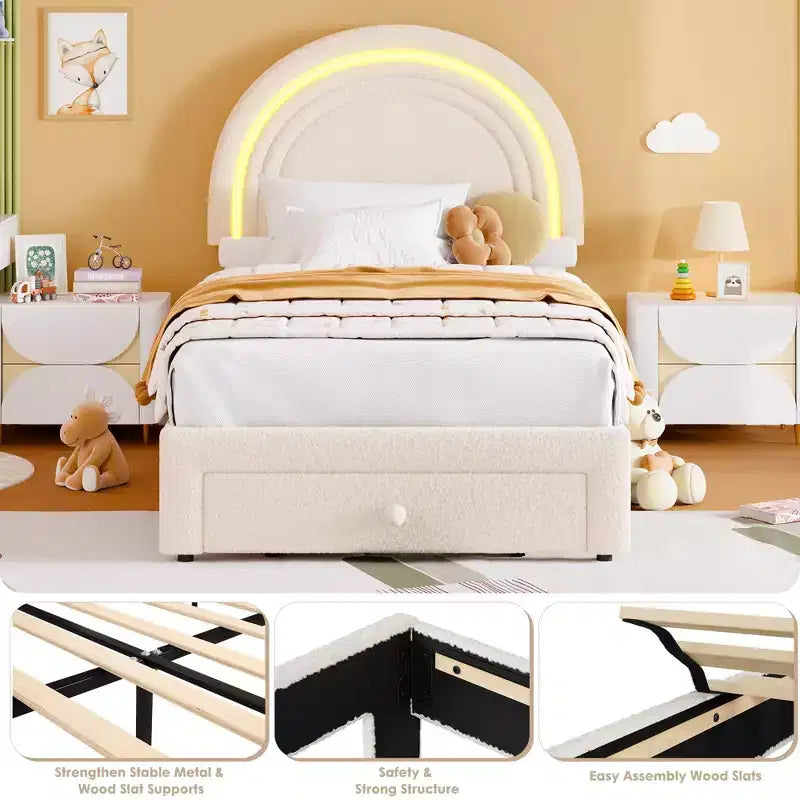 Twin Upholstered Platform Bed with Storage Drawer & LED Light Rainbow Headboard Solid Wood Slats, No Box Spring Required Blue