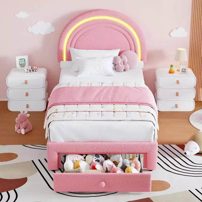 Twin Upholstered Platform Bed with Storage Drawer & LED Light Rainbow Headboard Solid Wood Slats, No Box Spring Required Blue