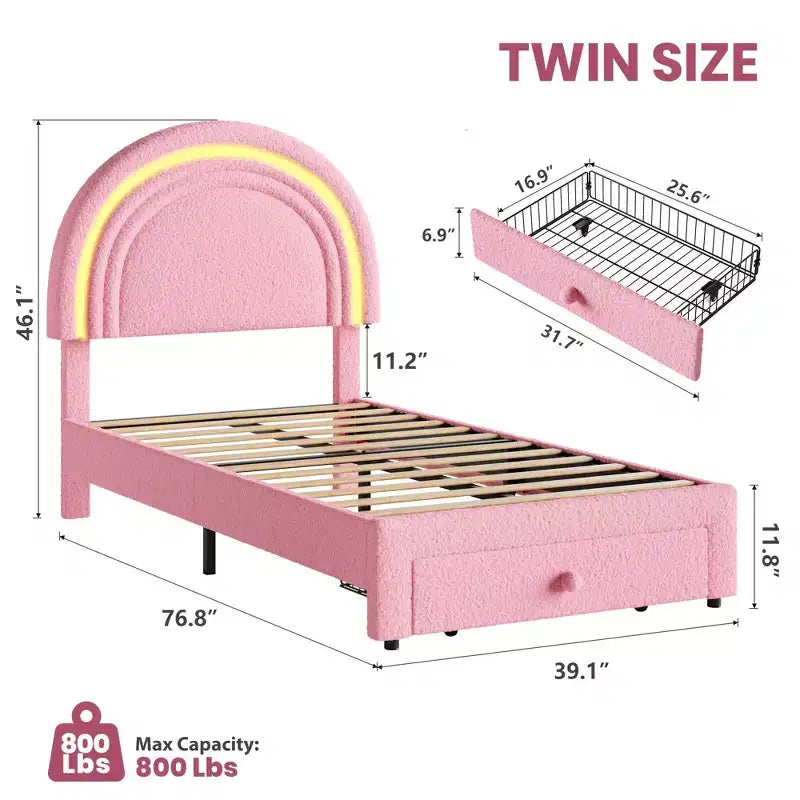 Twin Upholstered Platform Bed with Storage Drawer & LED Light Rainbow Headboard Solid Wood Slats, No Box Spring Required Blue