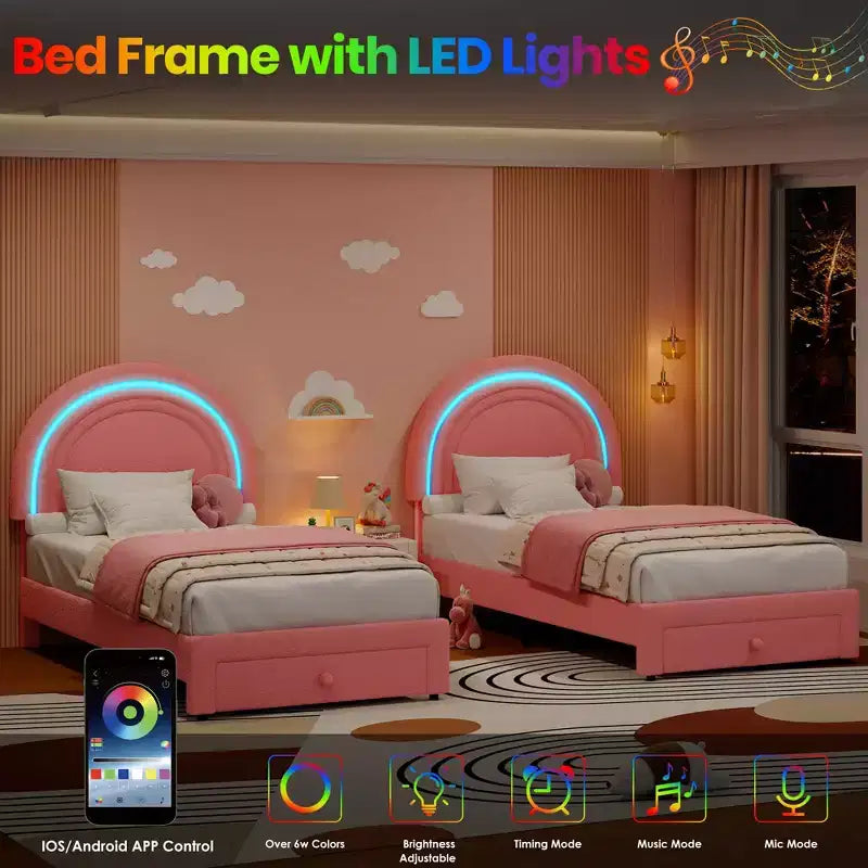 Twin Upholstered Platform Bed with Storage Drawer & LED Light Rainbow Headboard Solid Wood Slats, No Box Spring Required Blue