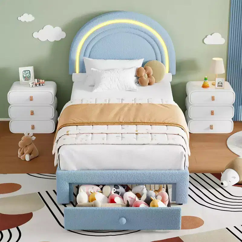 Twin Upholstered Platform Bed with Storage Drawer & LED Light Rainbow Headboard Solid Wood Slats, No Box Spring Required Blue