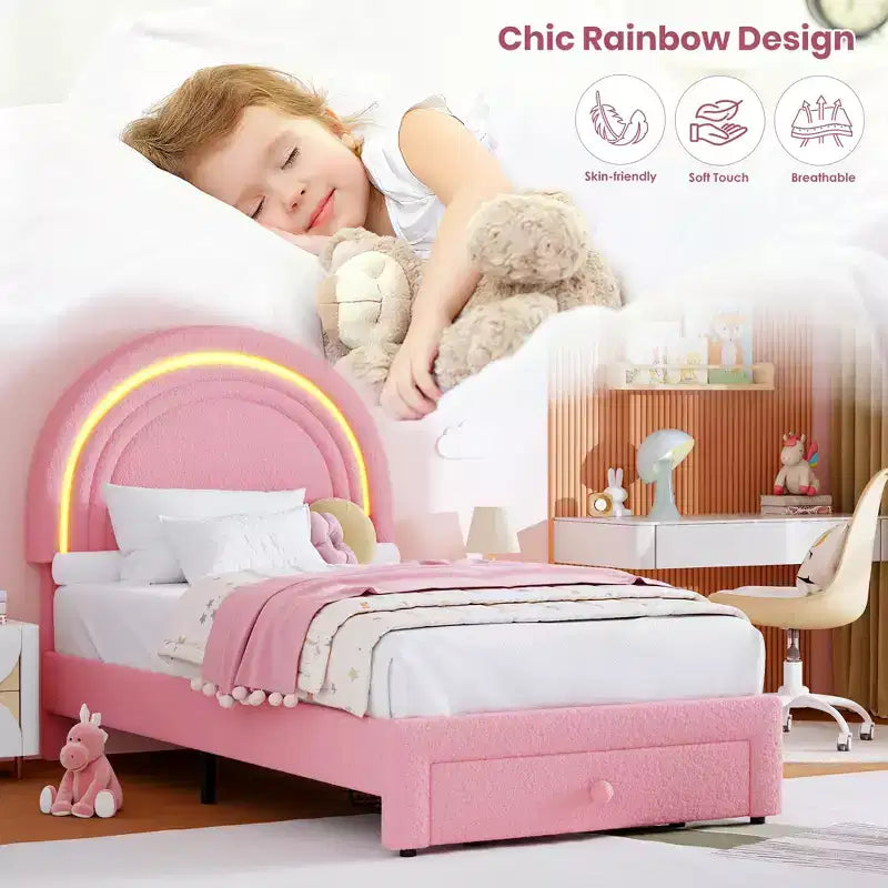 Twin Upholstered Platform Bed with Storage Drawer & LED Light Rainbow Headboard Solid Wood Slats, No Box Spring Required Blue