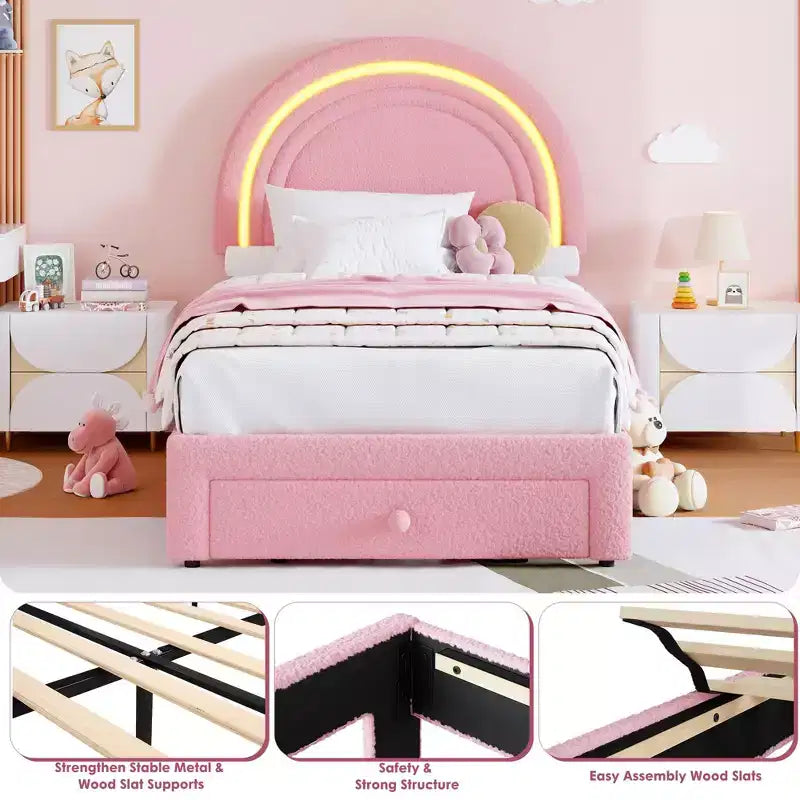 Twin Upholstered Platform Bed with Storage Drawer & LED Light Rainbow Headboard Solid Wood Slats, No Box Spring Required Blue