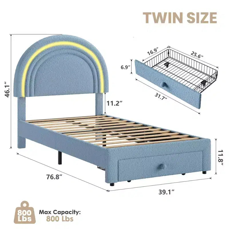 Twin Upholstered Platform Bed with Storage Drawer & LED Light Rainbow Headboard Solid Wood Slats, No Box Spring Required Blue