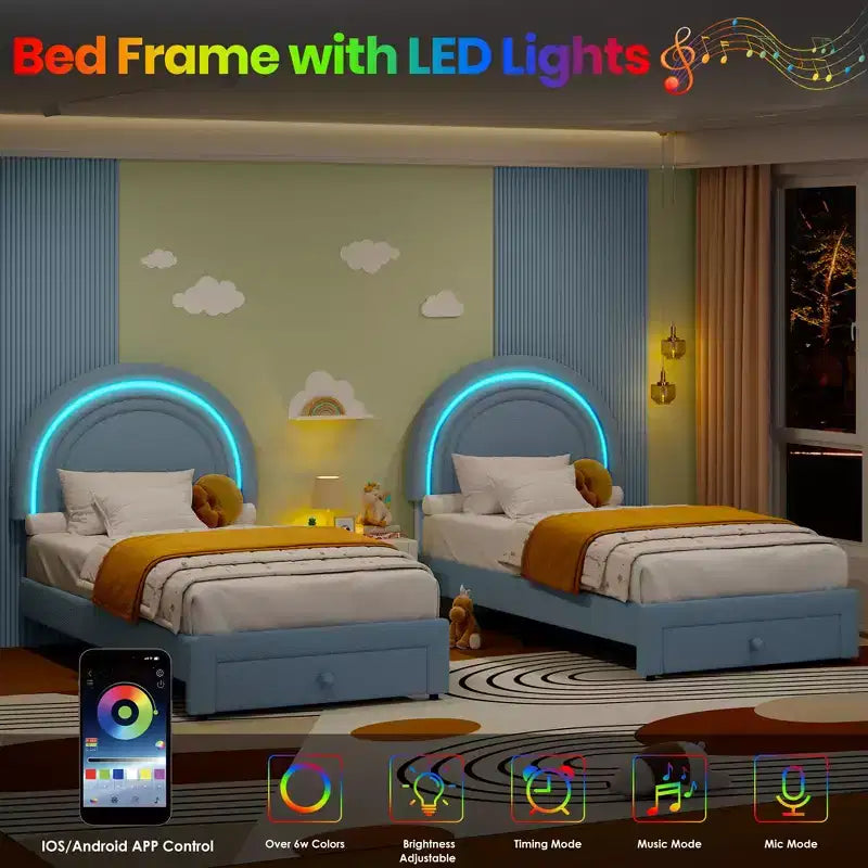 Twin Upholstered Platform Bed with Storage Drawer & LED Light Rainbow Headboard Solid Wood Slats, No Box Spring Required Blue