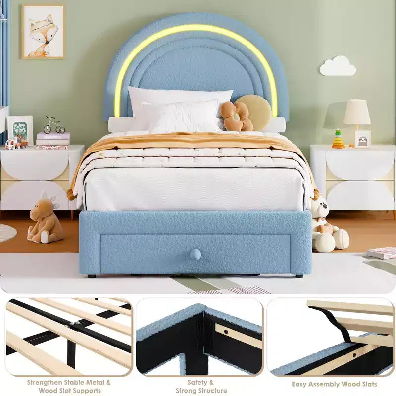 Twin Upholstered Platform Bed with Storage Drawer & LED Light Rainbow Headboard Solid Wood Slats, No Box Spring Required Blue