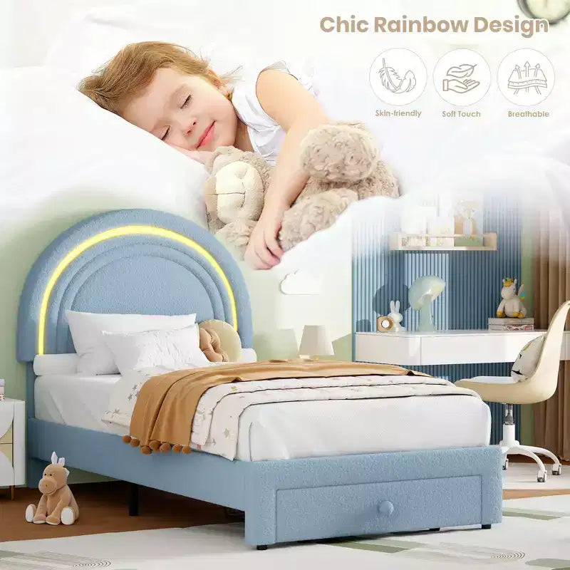 Twin Upholstered Platform Bed with Storage Drawer & LED Light Rainbow Headboard Solid Wood Slats, No Box Spring Required Blue