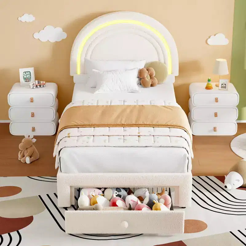 Twin Upholstered Platform Bed with Storage Drawer & LED Light Rainbow Headboard Solid Wood Slats, No Box Spring Required Blue