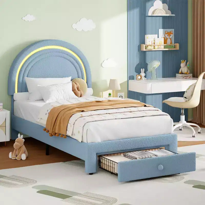 Twin Upholstered Platform Bed with Storage Drawer & LED Light Rainbow Headboard Solid Wood Slats, No Box Spring Required Blue
