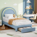Twin Upholstered Platform Bed with Storage Drawer & LED Light Rainbow Headboard Solid Wood Slats, No Box Spring Required Blue