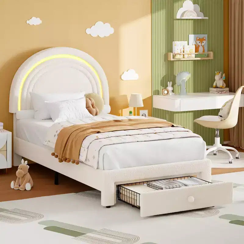 Twin Upholstered Platform Bed with Storage Drawer & LED Light Rainbow Headboard Solid Wood Slats, No Box Spring Required Blue
