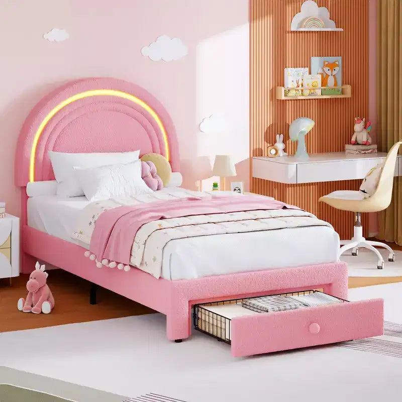 Twin Upholstered Platform Bed with Storage Drawer & LED Light Rainbow Headboard Solid Wood Slats, No Box Spring Required Blue