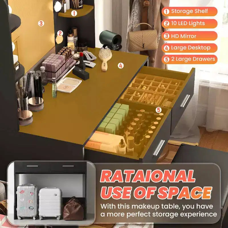 BestMassage Glamour Lighted Vanity Table Set with 2 Drawers & Stool