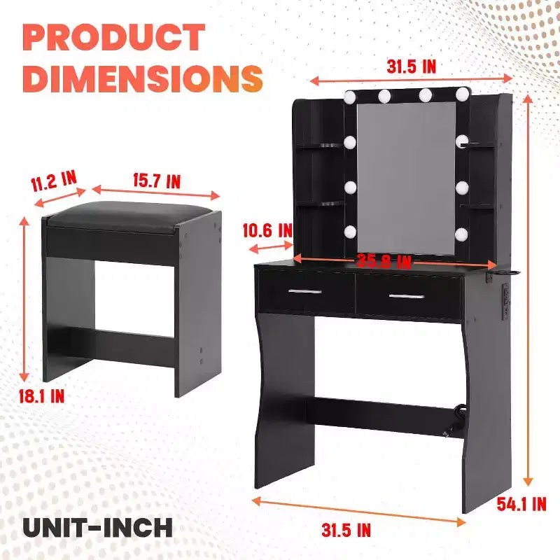 BestMassage Glamour Lighted Vanity Table Set with 2 Drawers & Stool