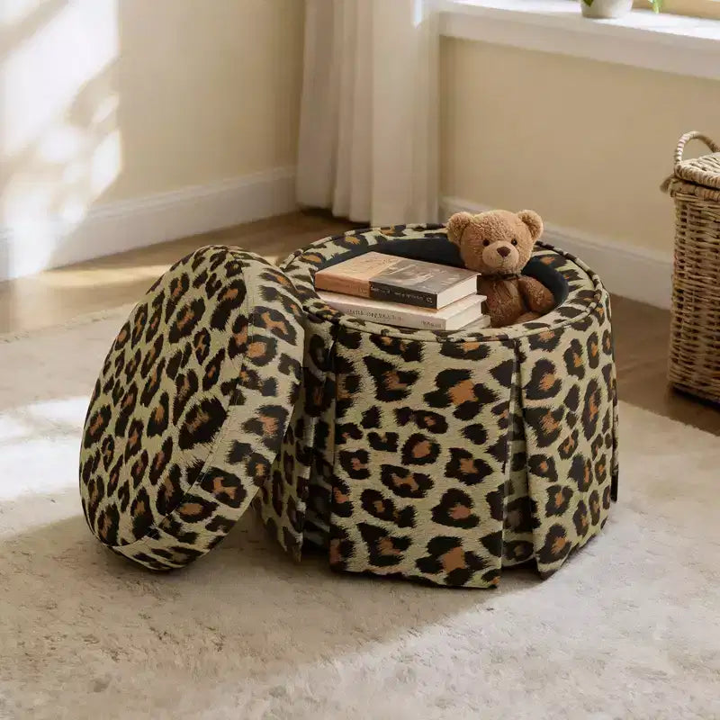 Bekrvio Round Storage Ottoman with Leopard Print Upholstery, Skirted Accent Footrest with Solid Acacia Wood Frame (500 lbs) for Living Room