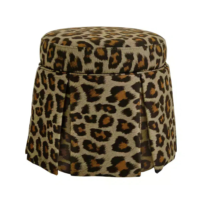 Bekrvio Round Storage Ottoman with Leopard Print Upholstery, Skirted Accent Footrest with Solid Acacia Wood Frame (500 lbs) for Living Room