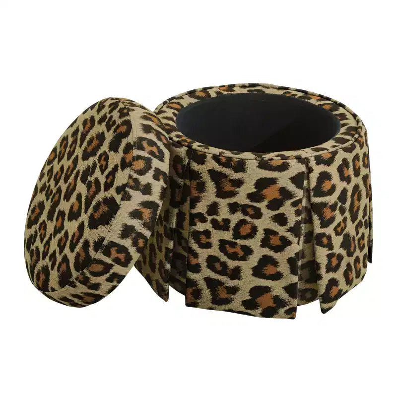 Bekrvio Round Storage Ottoman with Leopard Print Upholstery, Skirted Accent Footrest with Solid Acacia Wood Frame (500 lbs) for Living Room