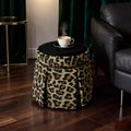 Bekrvio Round Storage Ottoman with Leopard Print Upholstery, Skirted Accent Footrest with Solid Acacia Wood Frame (500 lbs) for Living Room