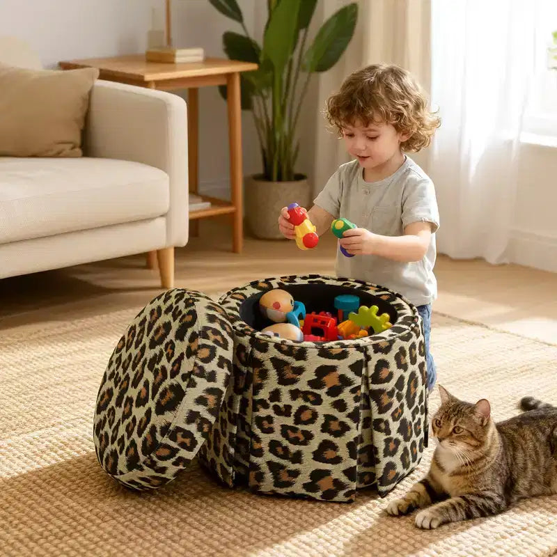 Bekrvio Round Storage Ottoman with Leopard Print Upholstery, Skirted Accent Footrest with Solid Acacia Wood Frame (500 lbs) for Living Room