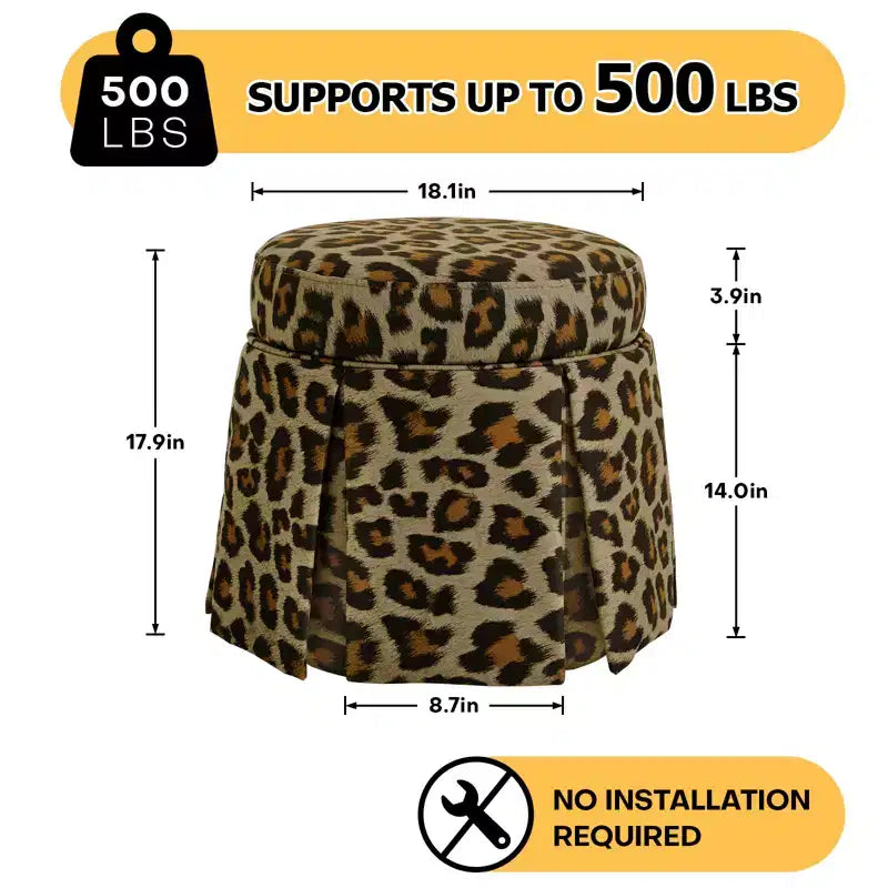 Bekrvio Round Storage Ottoman with Leopard Print Upholstery, Skirted Accent Footrest with Solid Acacia Wood Frame (500 lbs) for Living Room