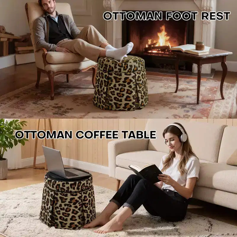 Bekrvio Round Storage Ottoman with Leopard Print Upholstery, Skirted Accent Footrest with Solid Acacia Wood Frame (500 lbs) for Living Room