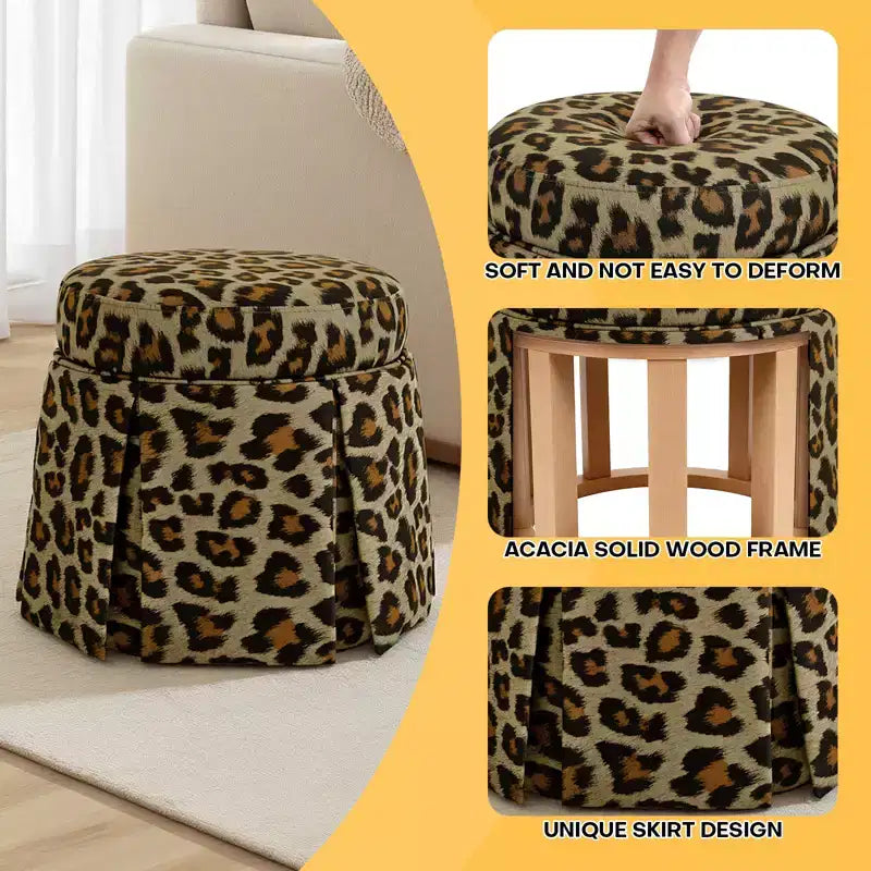Bekrvio Round Storage Ottoman with Leopard Print Upholstery, Skirted Accent Footrest with Solid Acacia Wood Frame (500 lbs) for Living Room