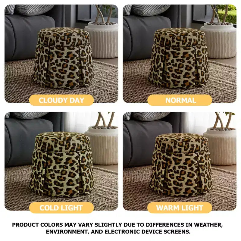 Bekrvio Round Storage Ottoman with Leopard Print Upholstery, Skirted Accent Footrest with Solid Acacia Wood Frame (500 lbs) for Living Room