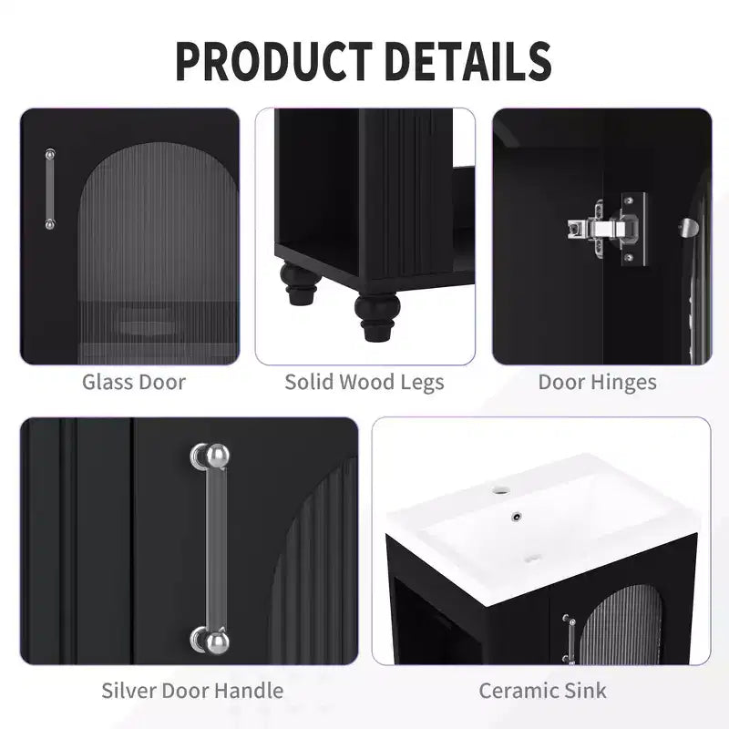 MAYEERTY 20 Bathroom Vanity with Sink 2-tier Shelf Adjustable Shelf Solid Wood MDF Black